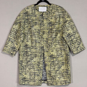 FRNCH Paris Yellow Blue Tweed Long Jacket M/L | Clasp Closure Coat